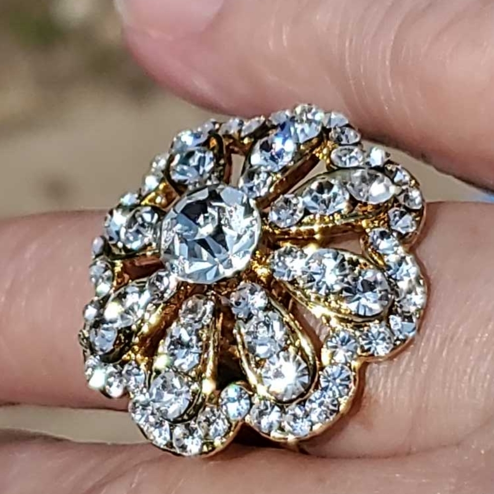 Crystal Flower Vintage Cocktail Ring Adjustable Sparkling Jewelry Statement